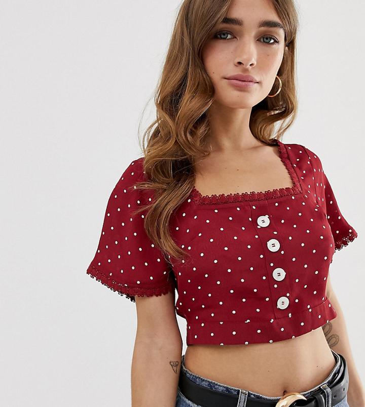 Miss Selfridge Petite Crop Top With Button Front In Polka Dot-red