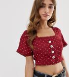 Miss Selfridge Petite Crop Top With Button Front In Polka Dot-red