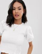 Asos Design Shirred Top With Volume Sleeve-white