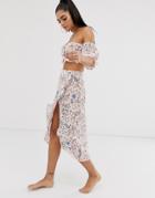 Asos Design Premium Wrap Front Beach Skirt With Ruffle In Floral Broderie Two-piece - Multi