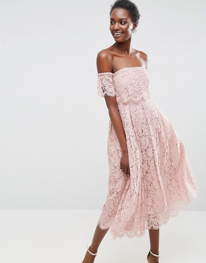 Asos Off The Shoulder Lace Prom Midi Dress - Beige