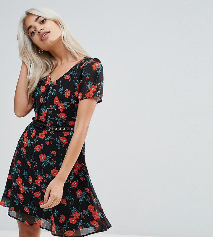Yumi Petite Poppy Print Dress With Studded Belt - Black