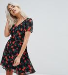 Yumi Petite Poppy Print Dress With Studded Belt - Black