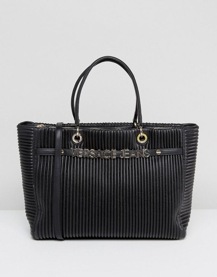 Versace Jeans Plisse Tote With Gold Logo Lettering - Black