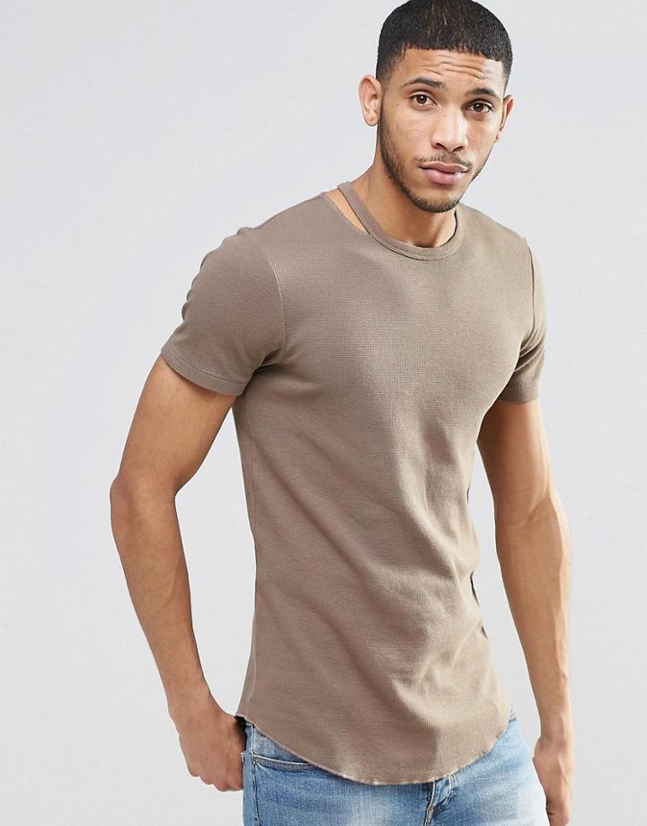 Asos Longline Muscle T-shirt In Waffle With Curved Hem And Disconnected Neck In Brown - Coco Brown