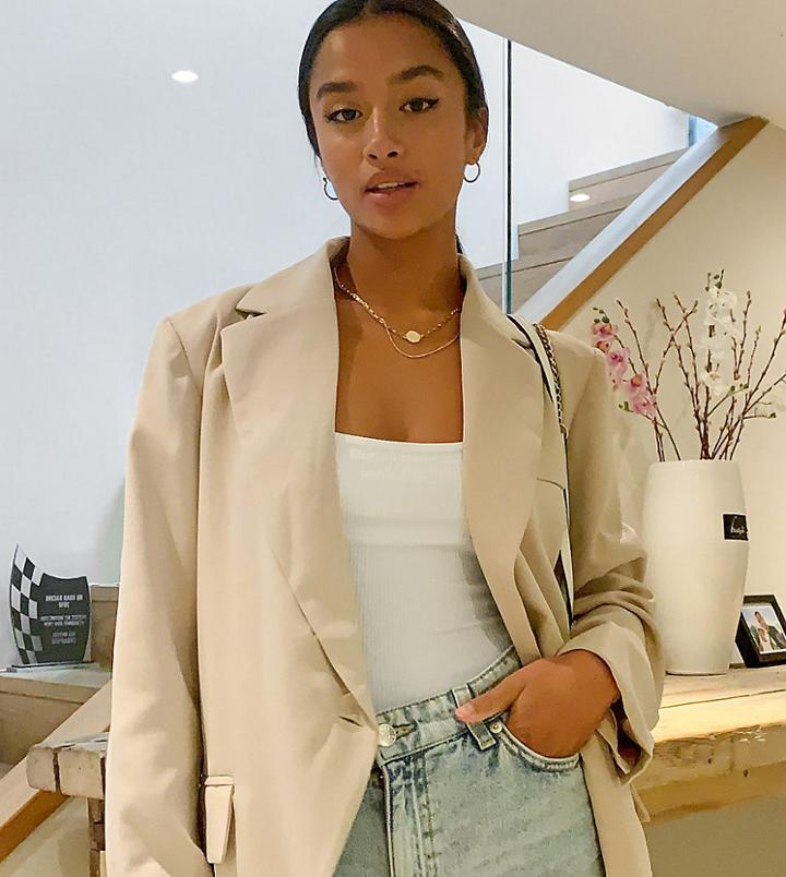 Naanaa Petite Oversized Dad Blazer In Beige-neutral