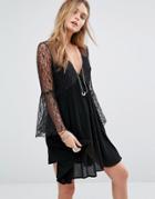 Kiss The Sky Button Front Smock Dress With Lace Panels - Black