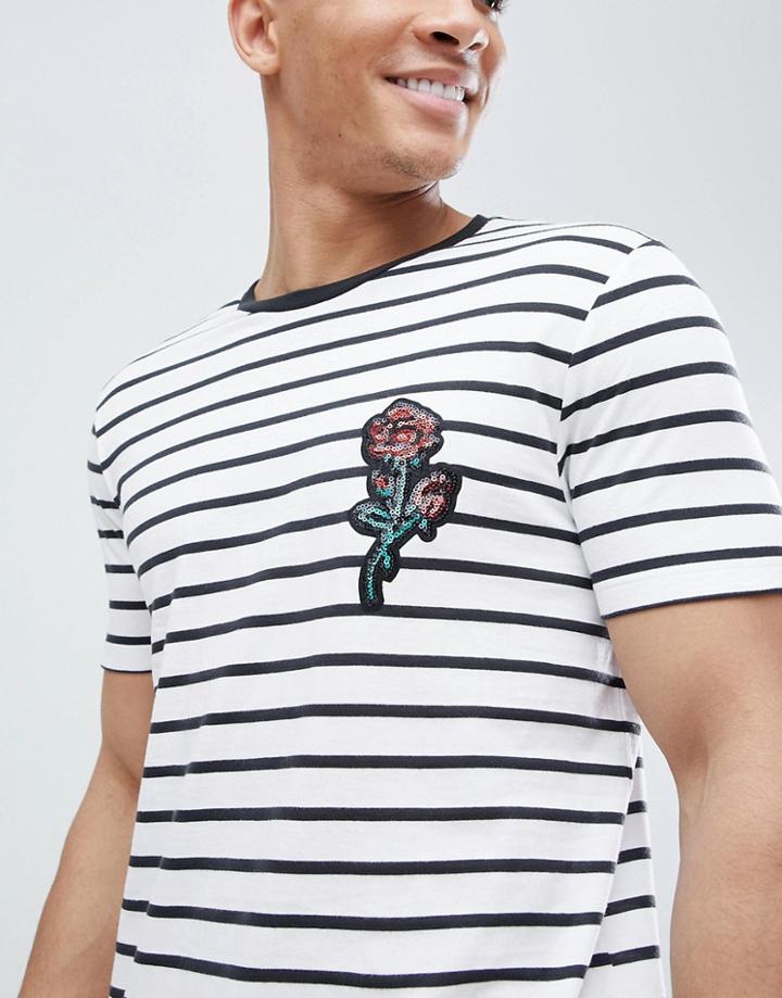 Asos Design Stripe T-shirt With Sequin Floral Chest Applique - White