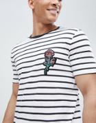 Asos Design Stripe T-shirt With Sequin Floral Chest Applique - White