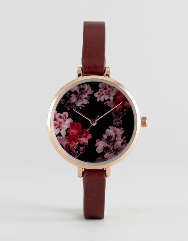 Asos Pretty Floral Dial Detail Watch - Red