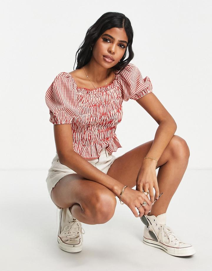 Qed London Ruched Top With Puff Sleeves In Gingham Print-red