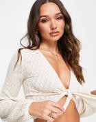 Asos Design Tie Front Top With Blouson Sleeve In Crochet Lace In Ecru-neutral