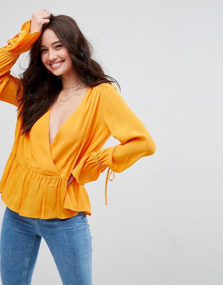 Asos Oversized Wrap Blouse With Dip Hem - Yellow