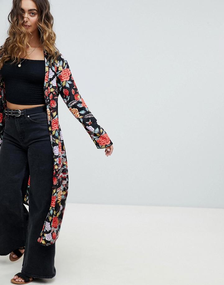 Asos Design Premium Maxi Kimono In Floral Snake Print - Multi