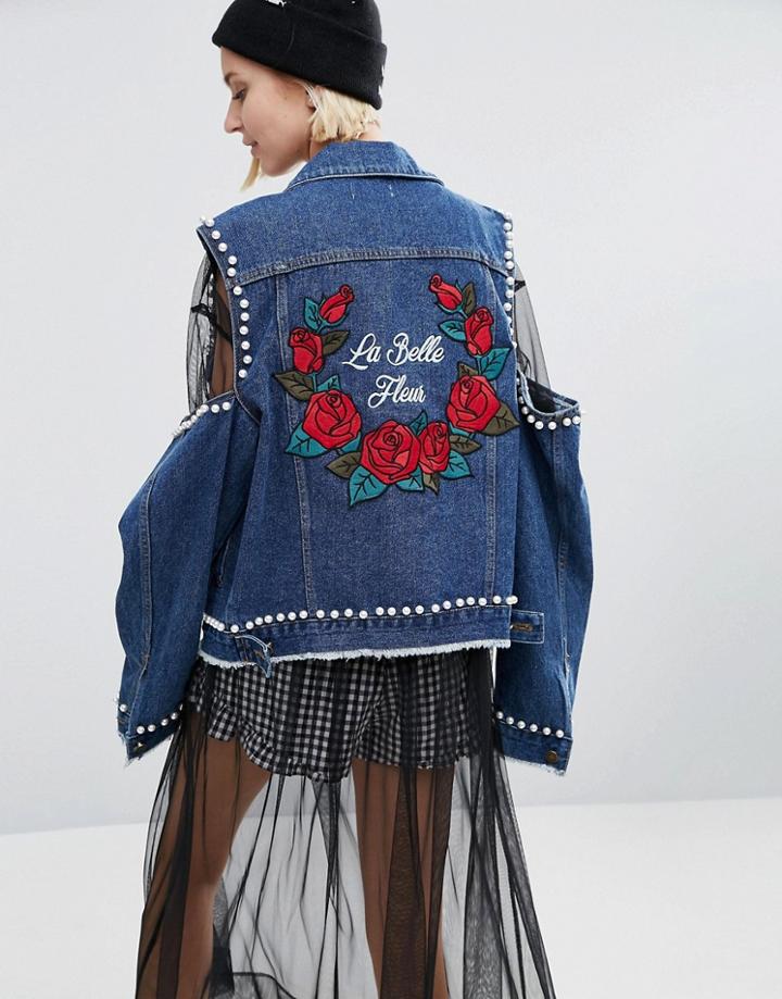 Stylenanda Cold Shoulder Denim Jacket With Patches - Blue