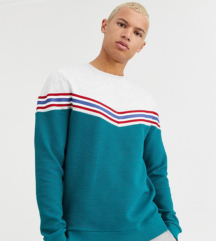Asos Design Tall Sweatshirt With Chevron Color Block In Ribbed Fabric-green