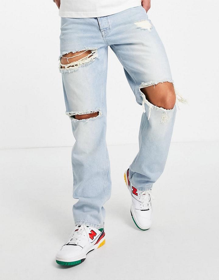 Asos Design Straight Leg Jeans In 90s Stone Wash With Rips-blues