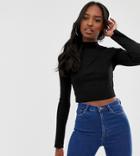 Asos Design Tall Long Sleeve Crop Top With Turtleneck And Raw Hem In Rib In Black