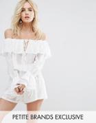 Missguided Petite Bardot Frill Embroidered Top - White