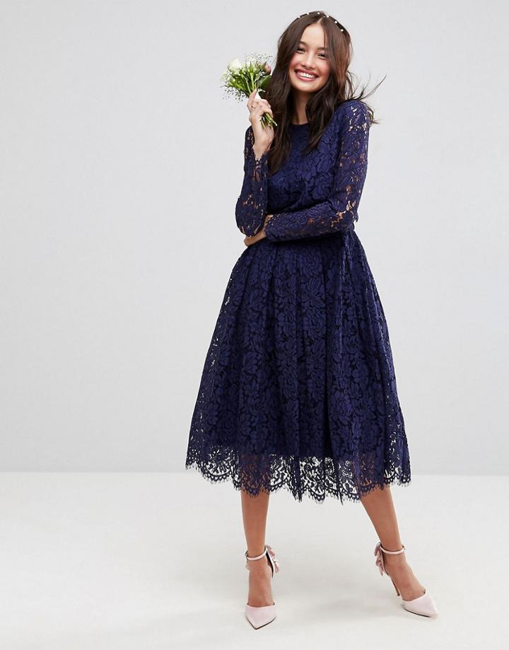 Asos Wedding Lace Long Sleeve Midi Prom Dress - Navy