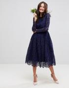 Asos Wedding Lace Long Sleeve Midi Prom Dress - Navy