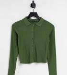 Stradivarius Button Detail Polo Top In Khakis-green