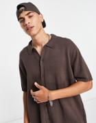 Asos Design Oversized Knitted Button Through Polo In Brown-black