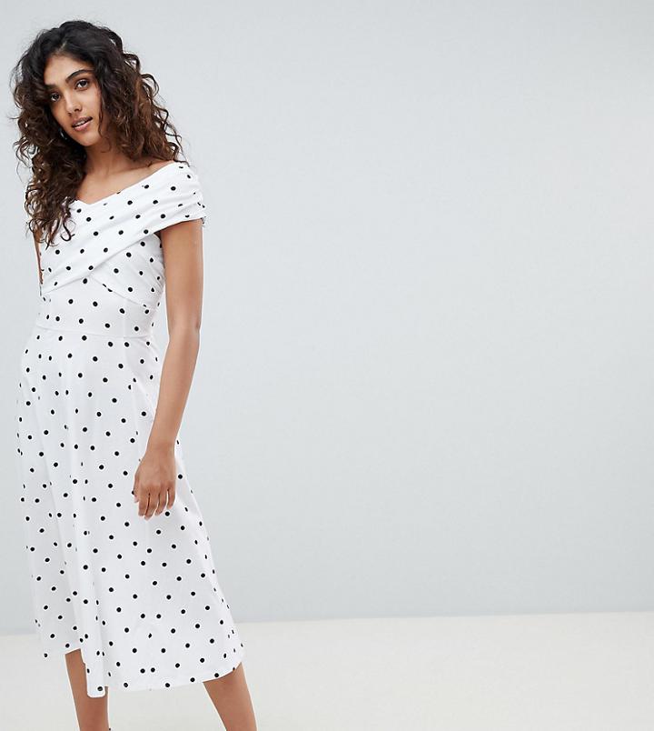 Asos Design Tall Midi Skater Dress With Bardot Neckline In Polka Dot Print - Multi