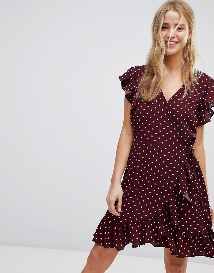 New Look Polka Dot Ruffle Wrap Dress - Red