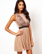 Tfnc Applique Prom Dress With Plunge Mesh Neck - Beige