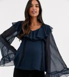 Asos Design Maternity Ruffle Top With Lace Insert-navy