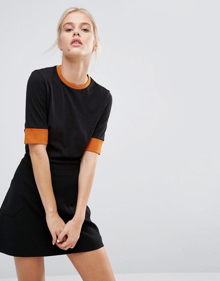 Monki Contrast Rib T-shirt - Black