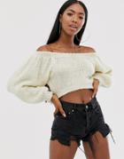 Asos Design Crop Off Shoulder Sweater In Lofty Yarn - Cream