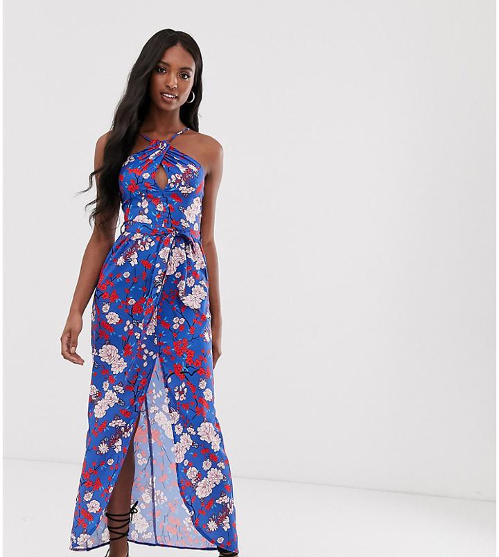 Parisian Tall Floral Halterneck Maxi Dress With Keyhole Detail And Tie Waist-blue