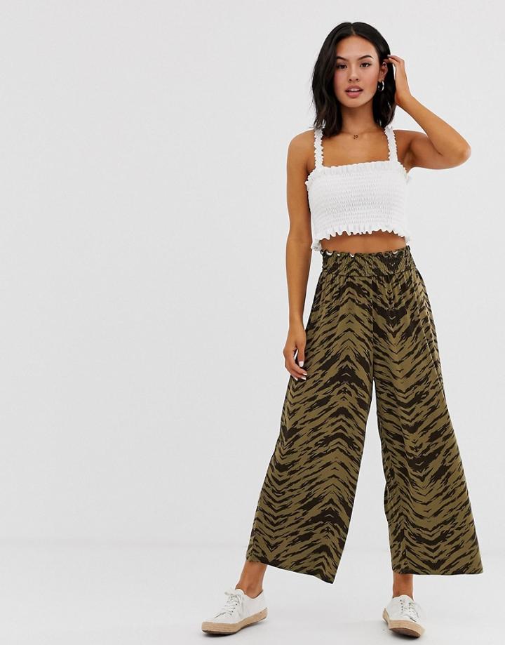 Asos Design Shirred Waist Culotte In Abstract Animal Print - Multi
