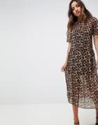 Asos Design Pleated Midi Shirt Dress In Leopard Print - Multi