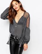 Religion Festival Long Sleeve Blouse With Mesh And Tassle Ties - Black