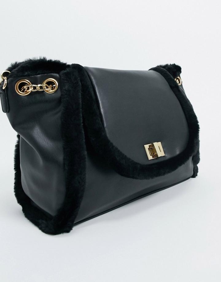 Skinnydip Cross Body Bag In Black With Faux Fur Trim