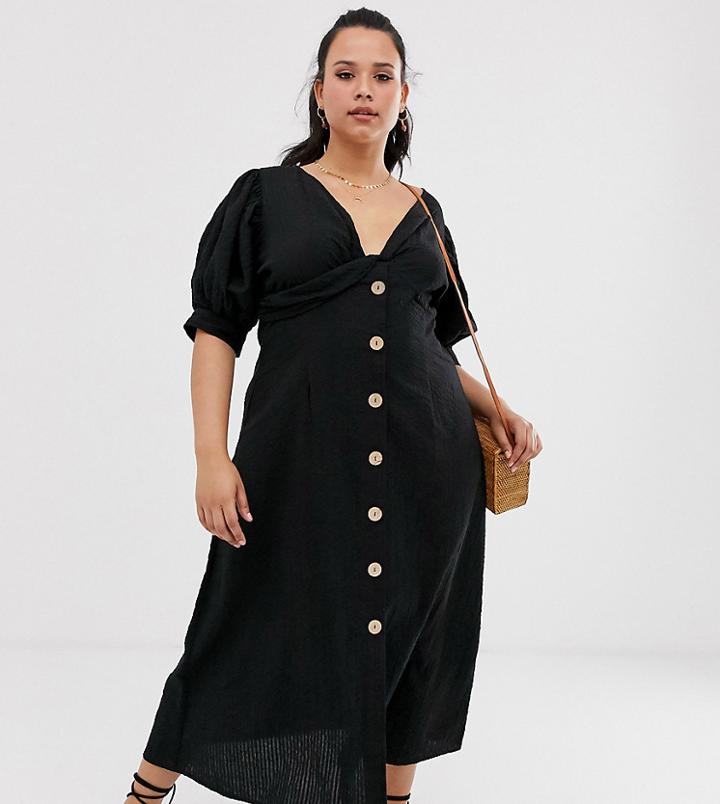 Asos Design Curve Button Through Twist Front Maxi Tea Dress In Seersucker - Black