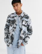 Asos Design Denim Worker Jacket In Gray Camo Print