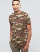 Asos Longline T-shirt In Vintage Camo Khaki - Khaki