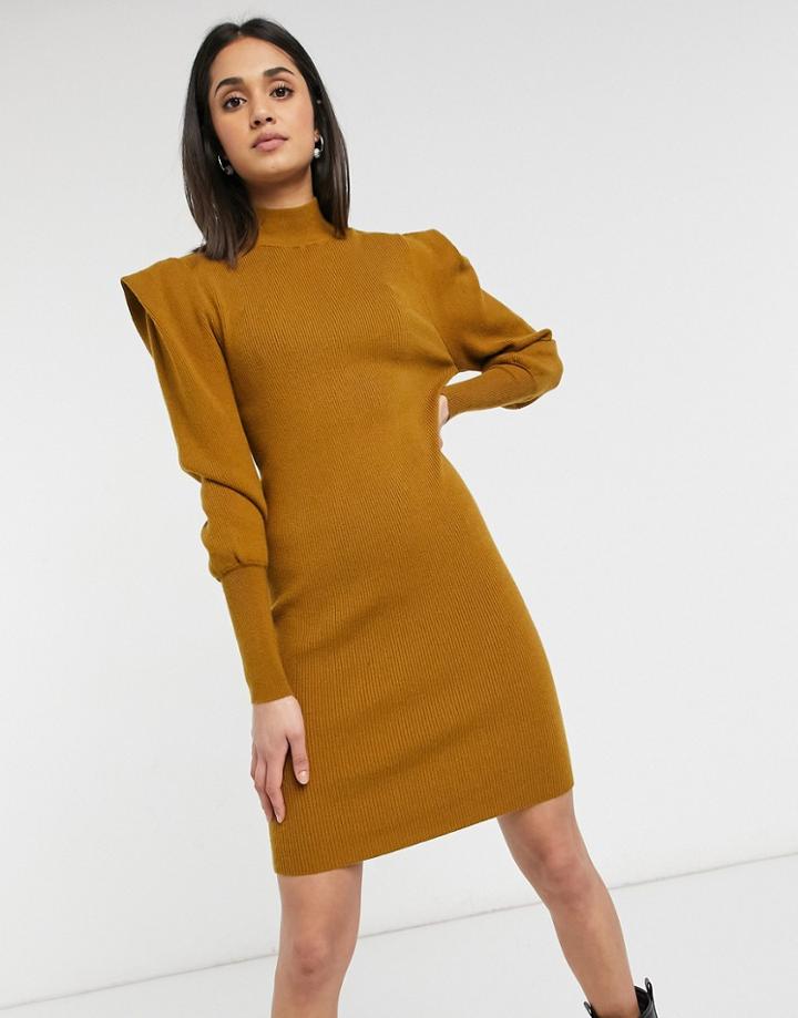 Vila High Neck Knitted Dress With Shoulder Pads In Mustard-brown