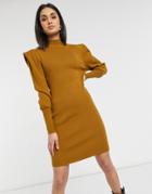 Vila High Neck Knitted Dress With Shoulder Pads In Mustard-brown