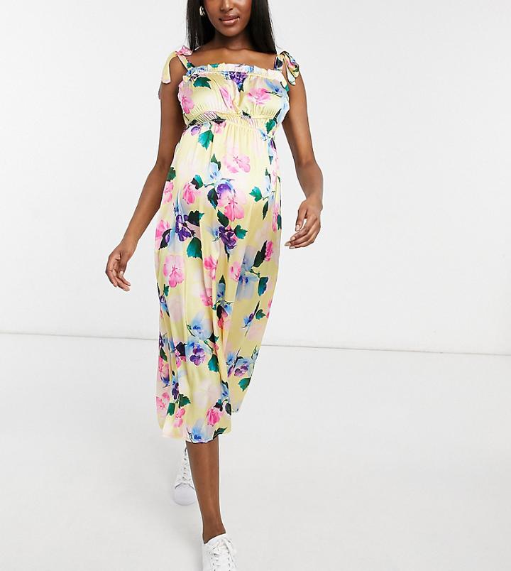 Blume Studio Maternity Gathered Waist Mid Dress In Yellow Floral