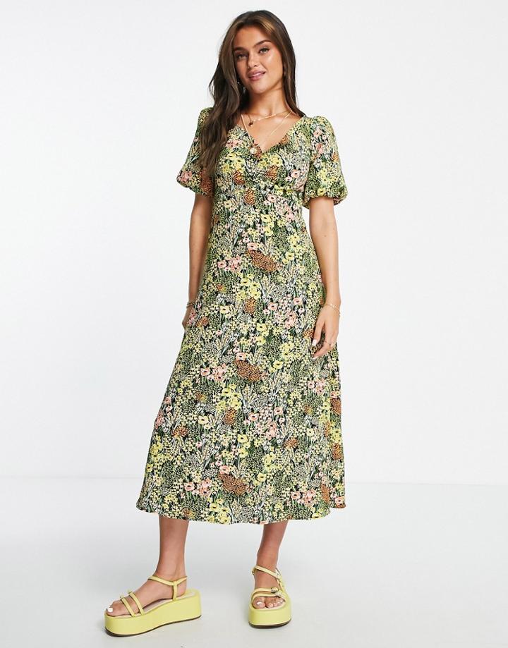 New Look Tie Back Puff Sleeve Midi Dress In Green Ditsy Floral