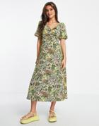 New Look Tie Back Puff Sleeve Midi Dress In Green Ditsy Floral