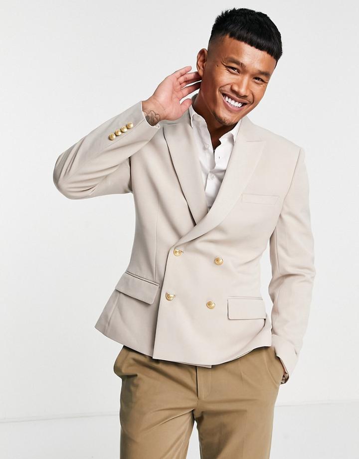 Asos Design Wedding Skinny Double Breasted Blazer In Stone-neutral