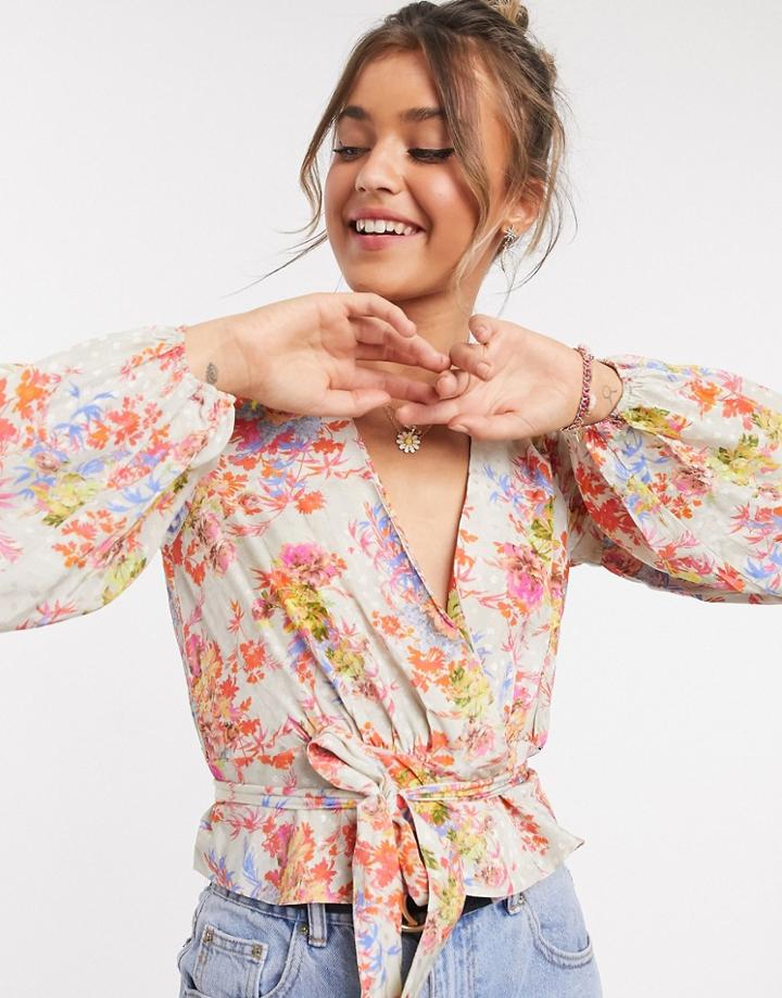 Asos Design Tie Front Crop Suit Blazer In Floral-multi