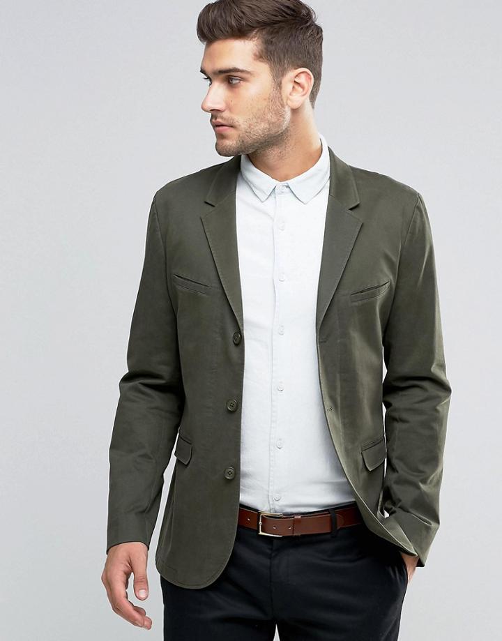 Asos Skinny Blazer In Washed Cotton In Khaki - Green