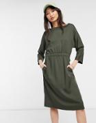 Kings Of Indigo Long Sleeve Midi Dress In Olive Green